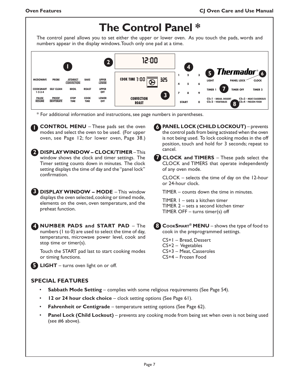 The control panel, Special features | Thermador CJ302 User Manual | Page 9 / 68