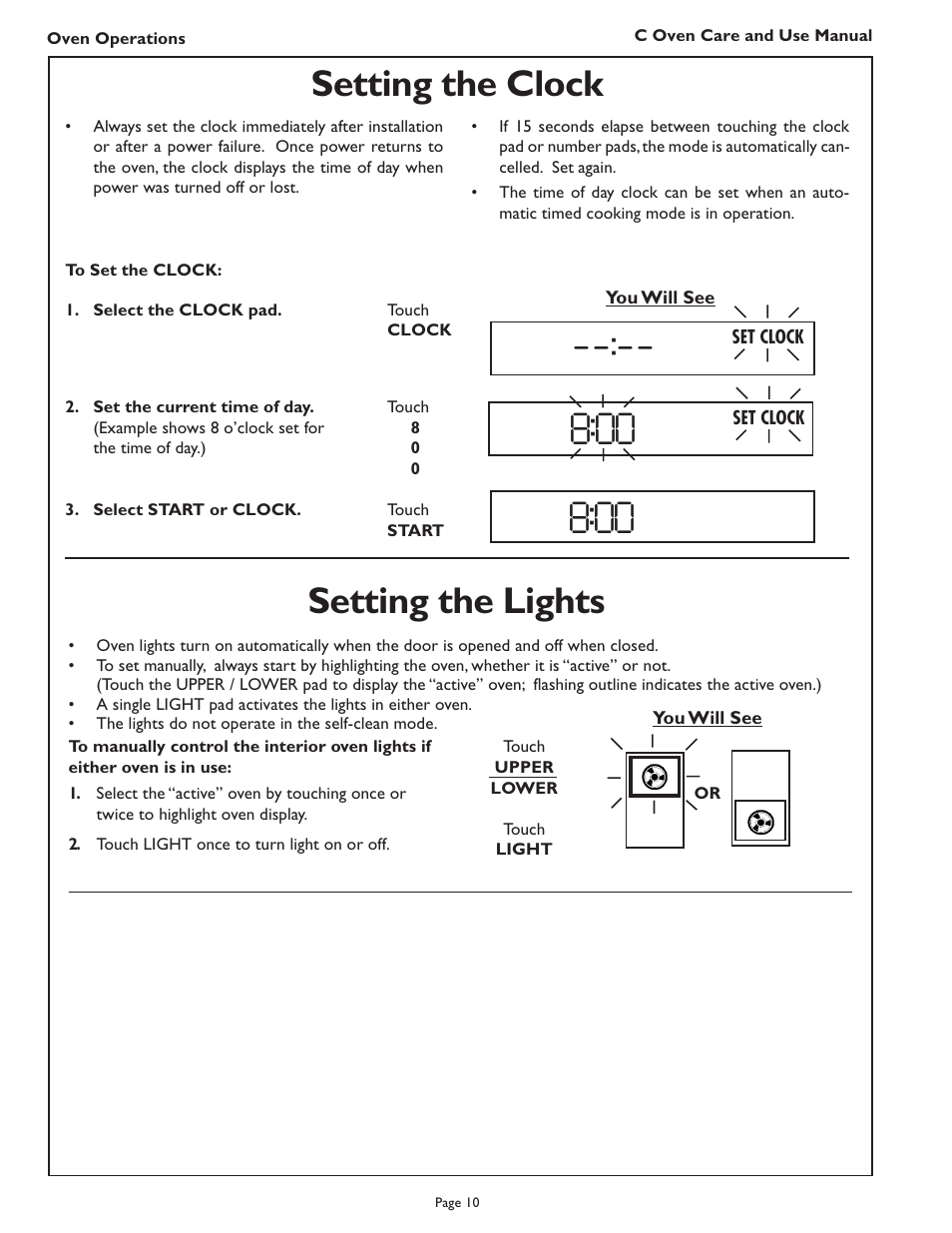 Setting the clock, Setting the lights | Thermador C272  EN User Manual | Page 12 / 40