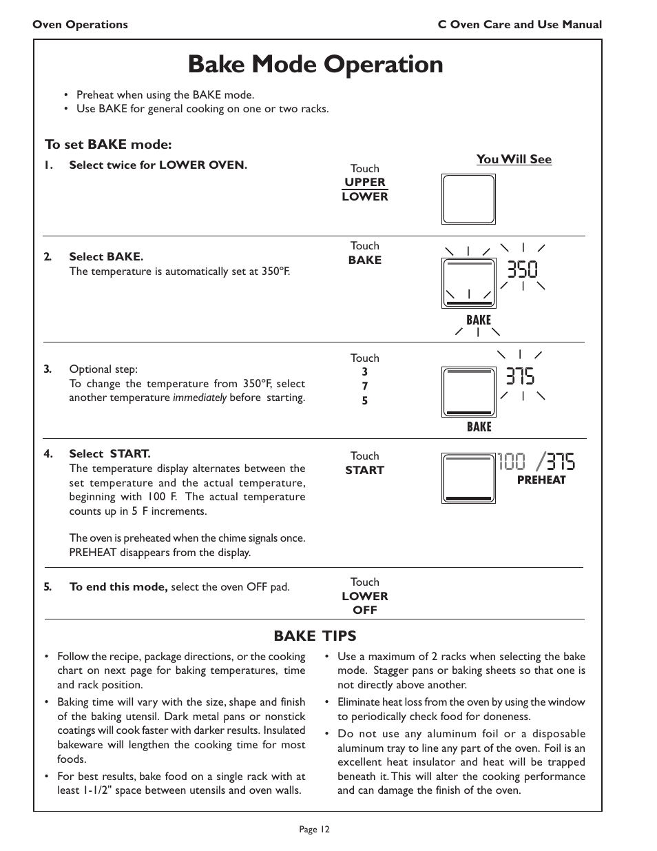 Bake mode operation | Thermador C272  EN User Manual | Page 14 / 40