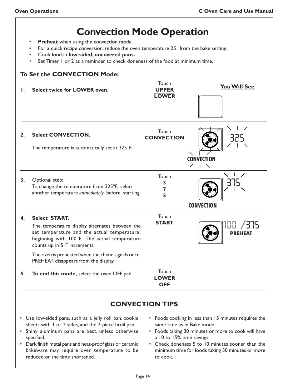 Convection mode operation | Thermador C272  EN User Manual | Page 16 / 40