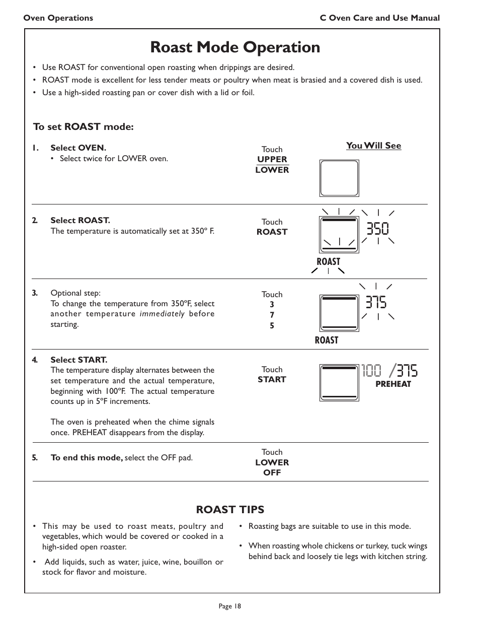 Roast mode operation | Thermador C272  EN User Manual | Page 20 / 40