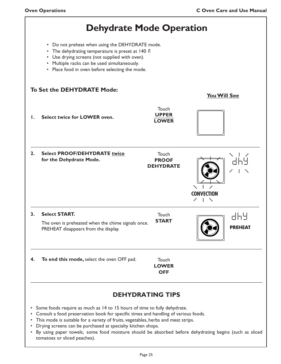 D h y, Dehydrate mode operation | Thermador C272  EN User Manual | Page 27 / 40