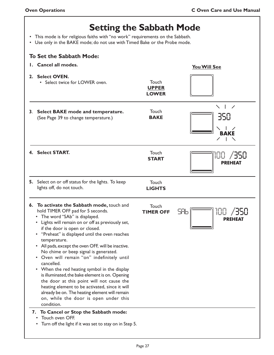 Setting the sabbath mode | Thermador C272  EN User Manual | Page 29 / 40
