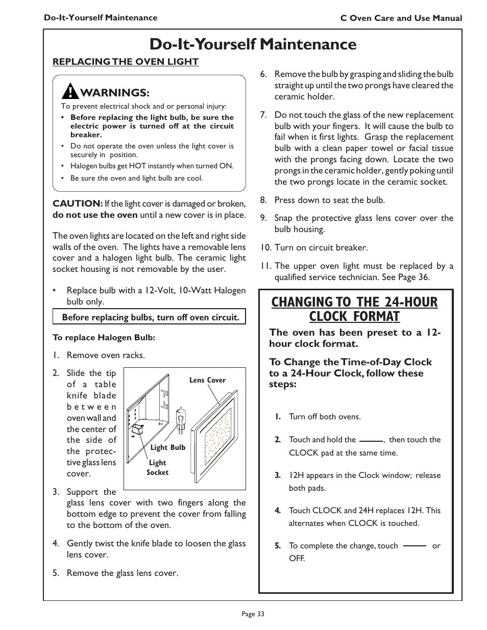 Do-it-yourself maintenance, Changing to the 24-hour clock format, Warnings | Thermador C272  EN User Manual | Page 35 / 40