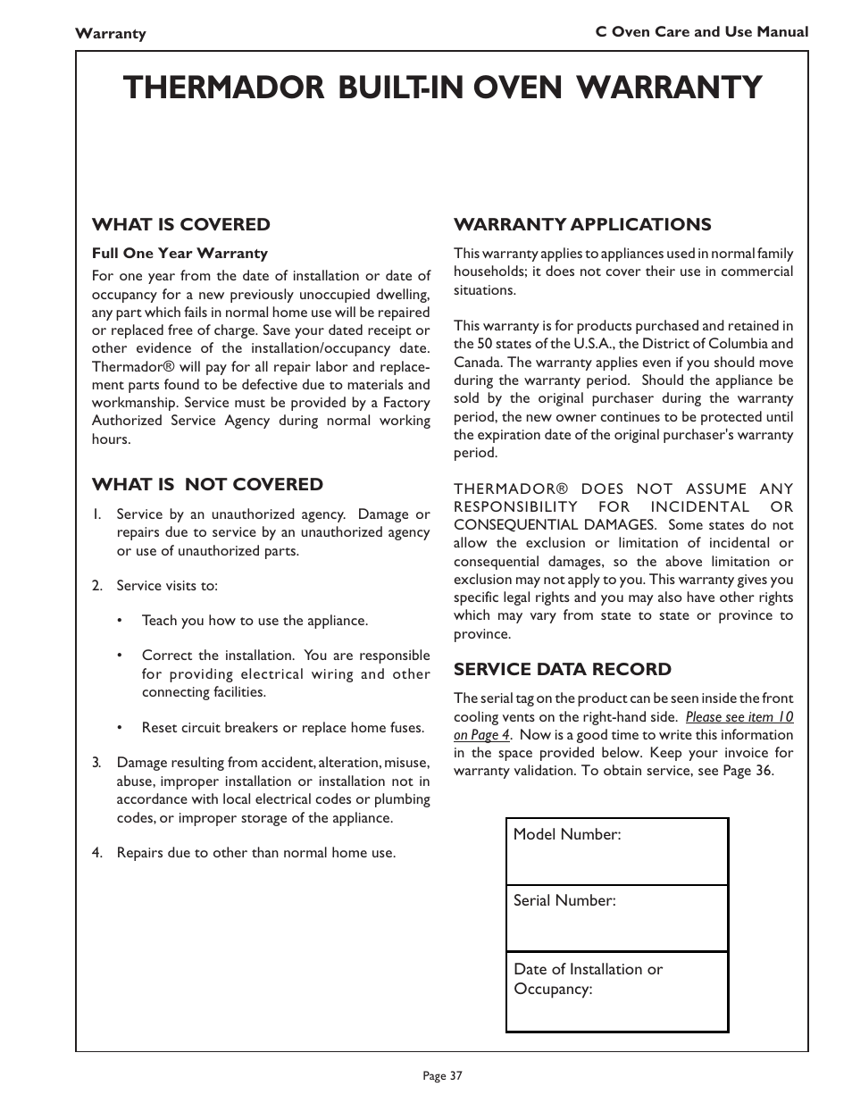 Thermador, Built-in oven warranty | Thermador C272  EN User Manual | Page 39 / 40