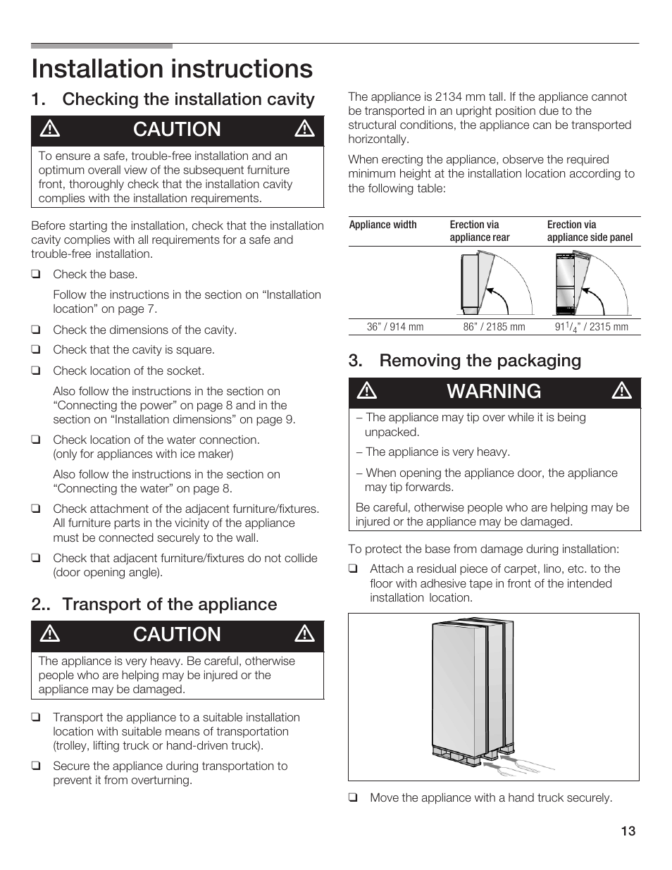 Installation instructions, Caution, Warning | Checking the installation cavity, Transport of the appliance, Removing the packaging | Thermador T36IB70NSP User Manual | Page 13 / 104