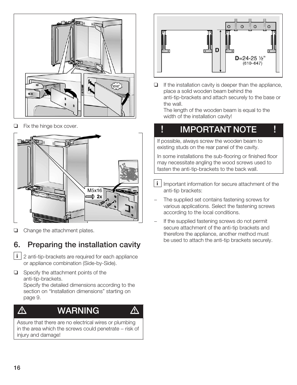 Warning, Preparing the installation cavity | Thermador T36IB70NSP User Manual | Page 16 / 104