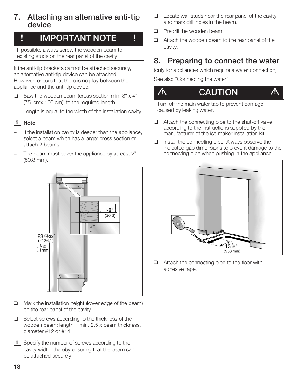 Caution, Attaching an alternative antićtip device, Preparing to connect the water | Thermador T36IB70NSP User Manual | Page 18 / 104