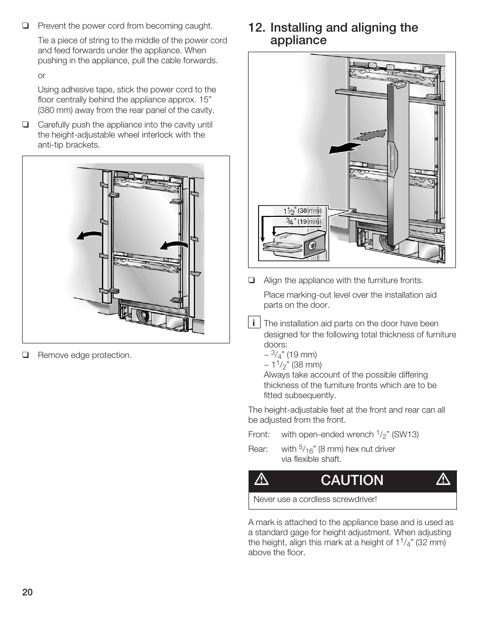 Caution, Installing and aligning the appliance | Thermador T36IB70NSP User Manual | Page 20 / 104