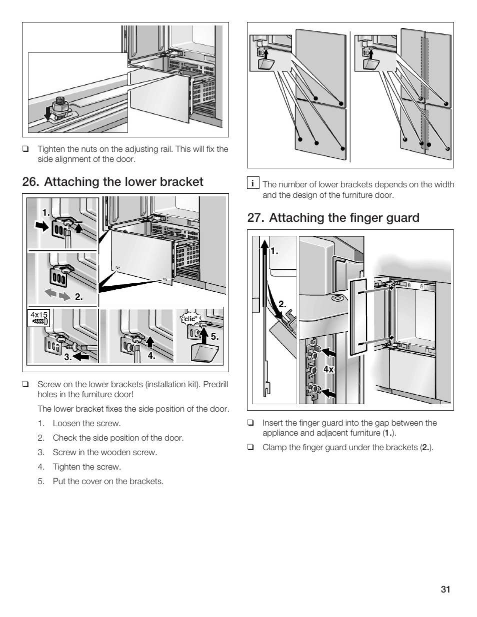 Attaching the lower bracket, Attaching the finger guard | Thermador T36IB70NSP User Manual | Page 31 / 104