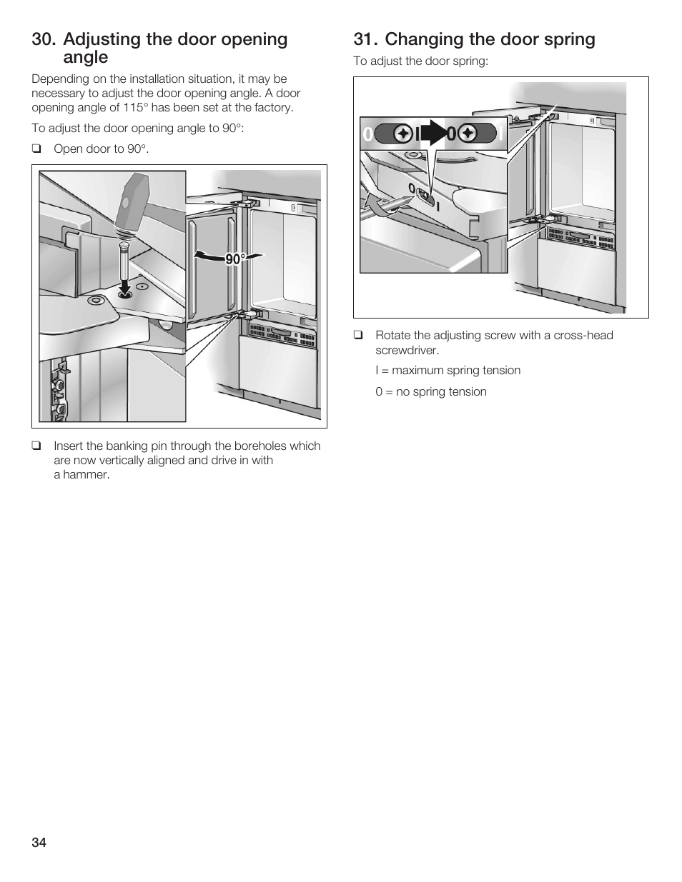 Adjusting the door opening angle, Changing the door spring | Thermador T36IB70NSP User Manual | Page 34 / 104