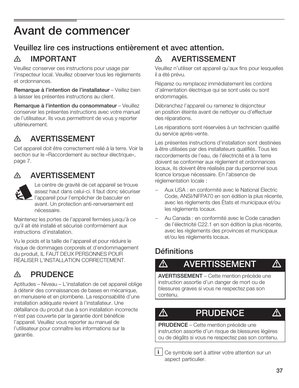 Avant de commencer, Avertissement, Prudence | Thermador T36IB70NSP User Manual | Page 37 / 104