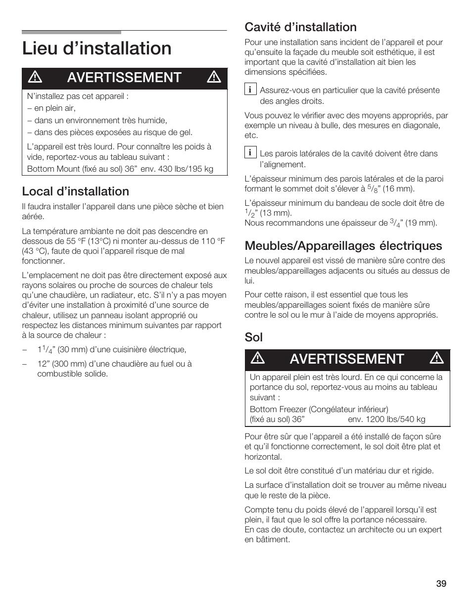 Lieu d'installation, Avertissement, Local d'installation | Cavité d'installation, Meubles/appareillages électriques | Thermador T36IB70NSP User Manual | Page 39 / 104