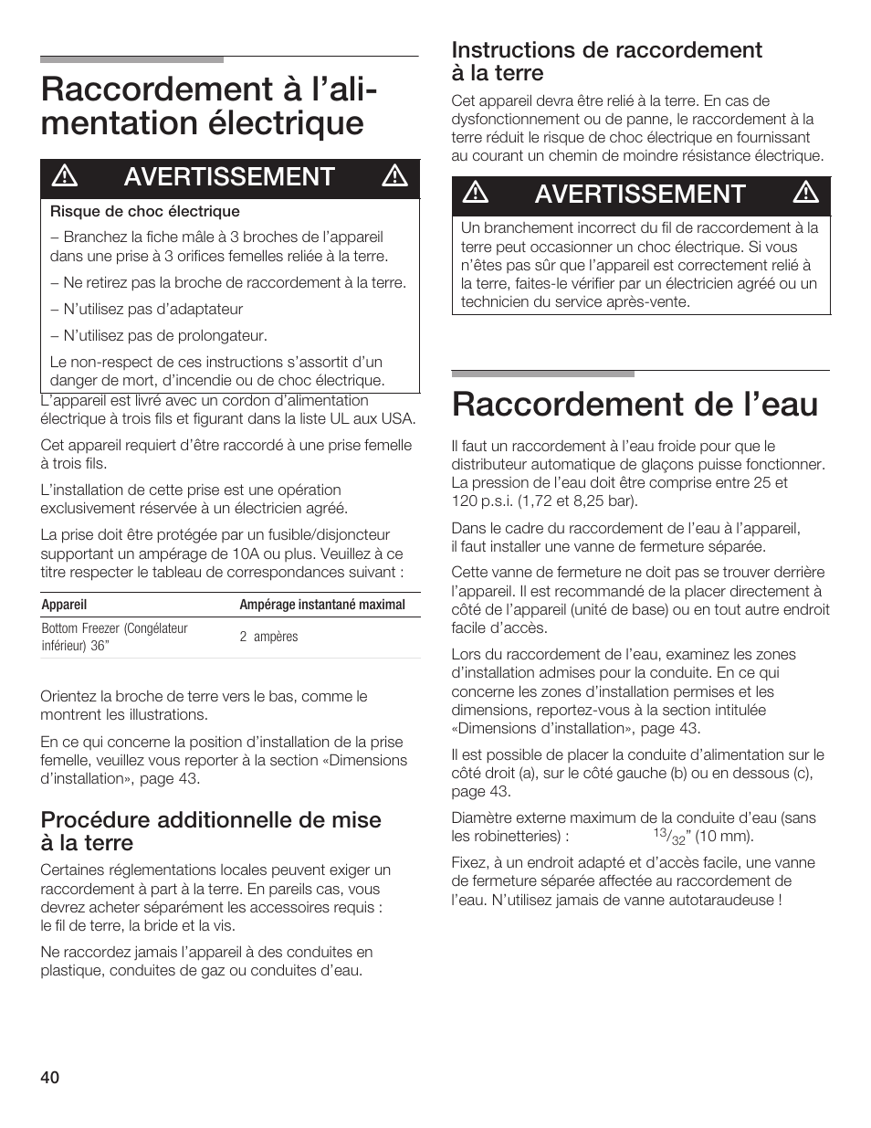 Raccordement à l'alić mentation électrique, Raccordement de l'eau, Avertissement | Procédure additionnelle de mise à la terre, Instructions de raccordement à la terre | Thermador T36IB70NSP User Manual | Page 40 / 104