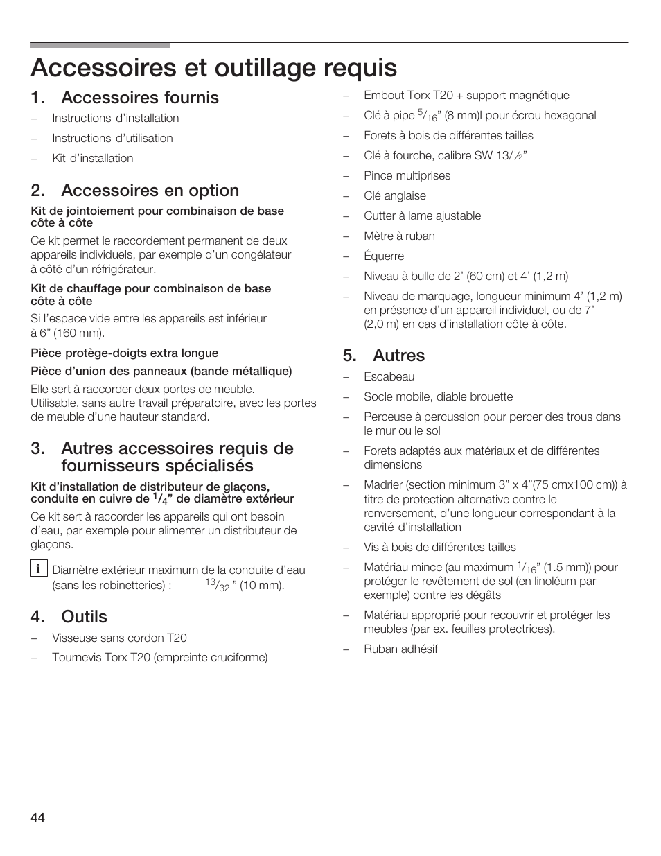 Accessoires et outillage requis, Accessoires fournis, Accessoires en option | Outils, Autres | Thermador T36IB70NSP User Manual | Page 44 / 104