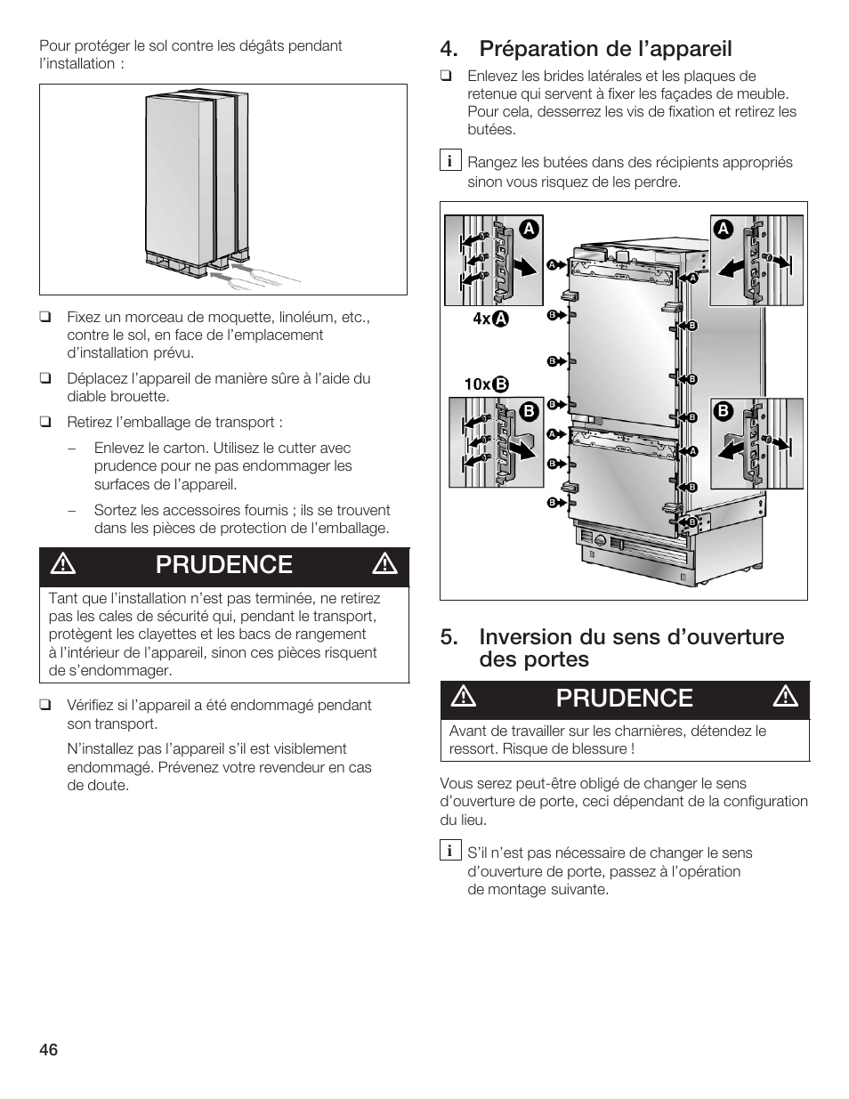 Prudence, Préparation de l'appareil, Inversion du sens d'ouverture des portes | Thermador T36IB70NSP User Manual | Page 46 / 104