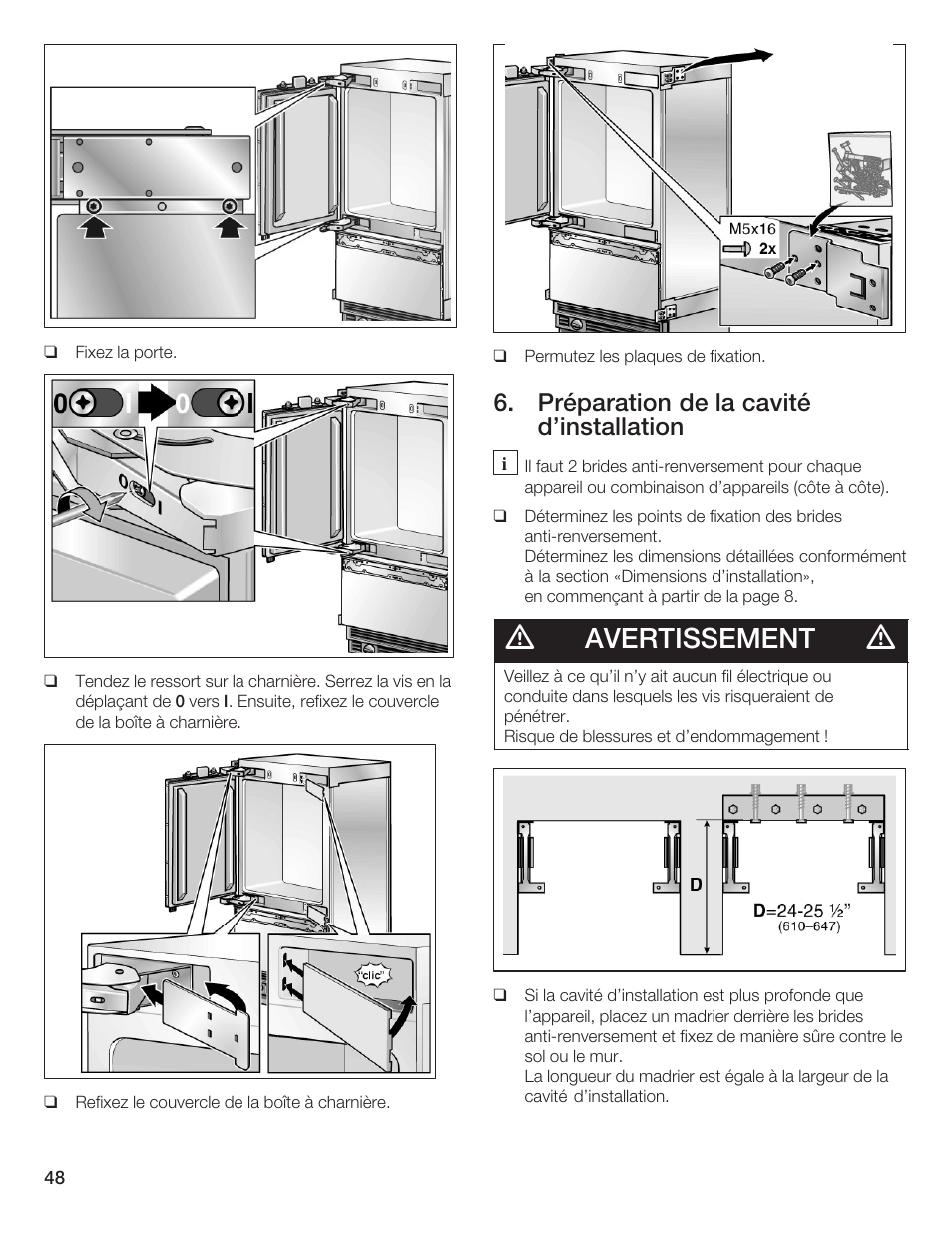 Avertissement, Préparation de la cavité d'installation | Thermador T36IB70NSP User Manual | Page 48 / 104