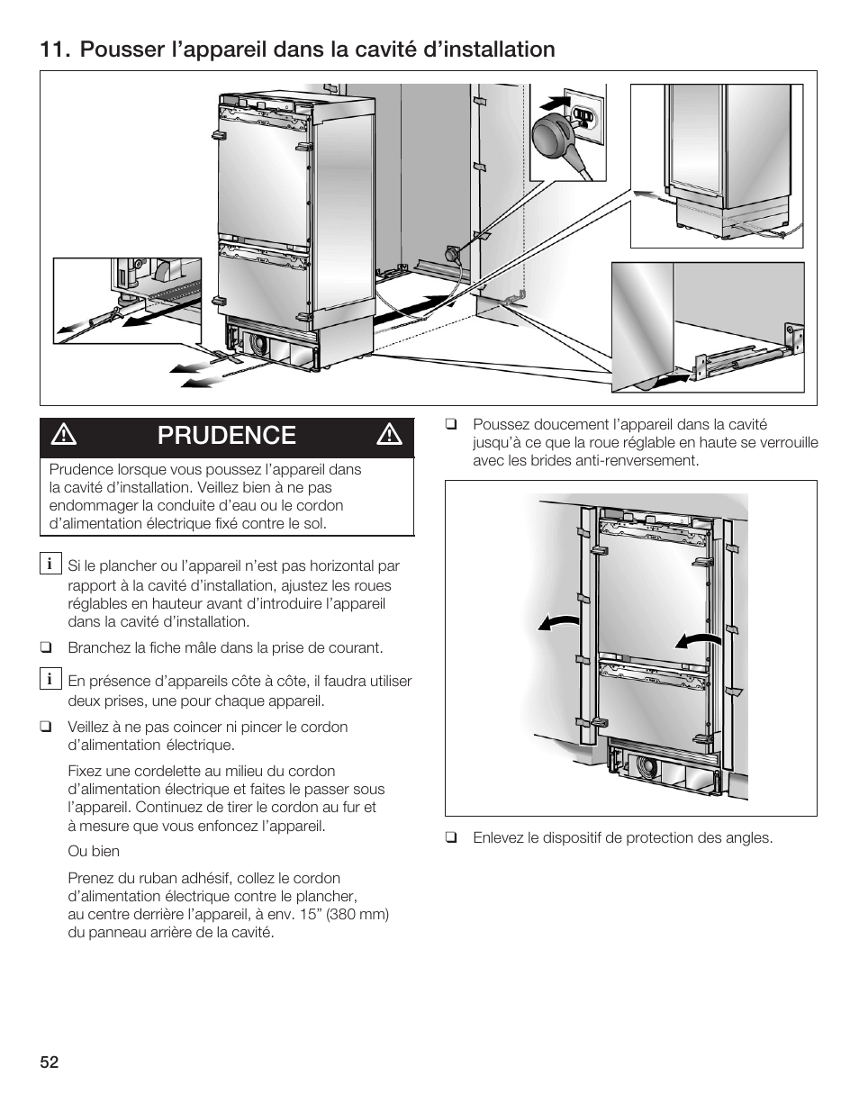 Prudence, Pousser l'appareil dans la cavité d'installation | Thermador T36IB70NSP User Manual | Page 52 / 104