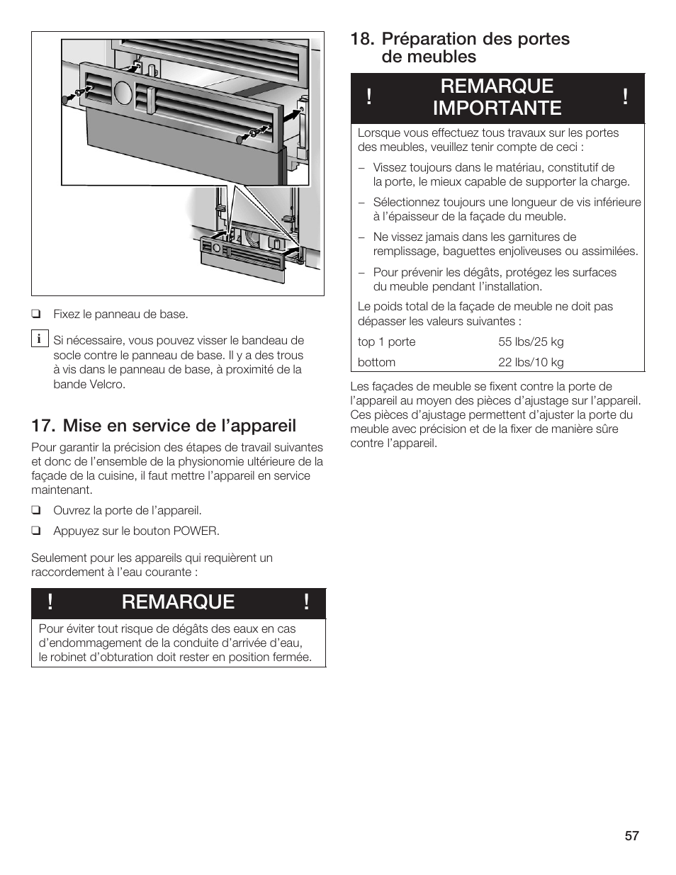 Remarque, Remarque importante, Mise en service de l'appareil | Préparation des portes de meubles | Thermador T36IB70NSP User Manual | Page 57 / 104