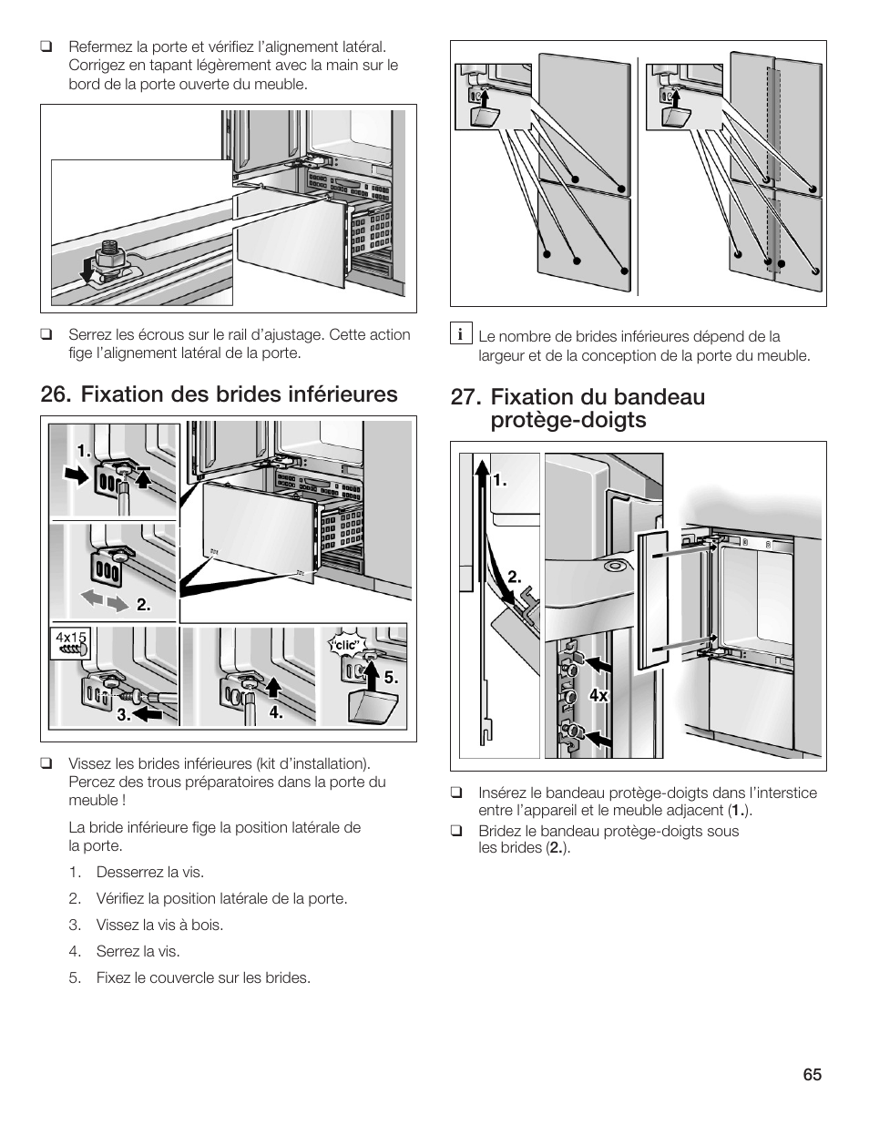 Fixation des brides inférieures, Fixation du bandeau protègećdoigts | Thermador T36IB70NSP User Manual | Page 65 / 104