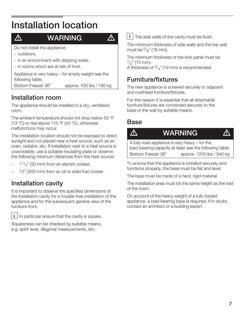 Installation location, Warning, Installation room | Installation cavity, Furniture/fixtures, Base | Thermador T36IB70NSP User Manual | Page 7 / 104