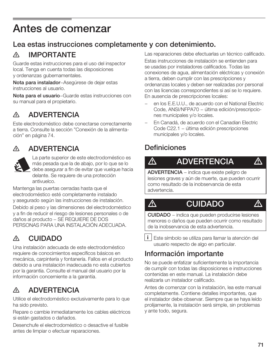 Antes de comenzar, Advertencia, Cuidado | Thermador T36IB70NSP User Manual | Page 71 / 104