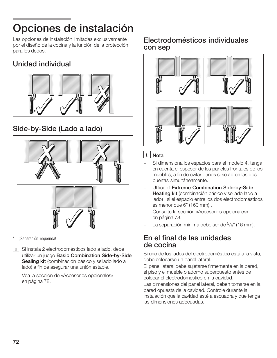 Opciones de instalación, Unidad individual sidećbyćside (lado a lado), Electrodomésticos individuales con sep | En el final de las unidades de cocina | Thermador T36IB70NSP User Manual | Page 72 / 104