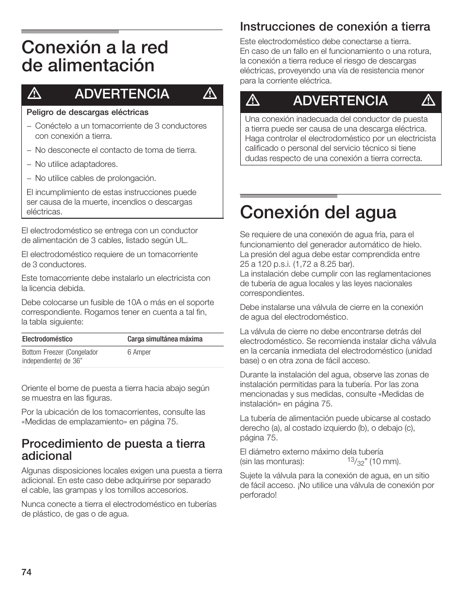 Conexión a la red de alimentación, Conexión del agua, Advertencia | Procedimiento de puesta a tierra adicional, Instrucciones de conexión a tierra | Thermador T36IB70NSP User Manual | Page 74 / 104