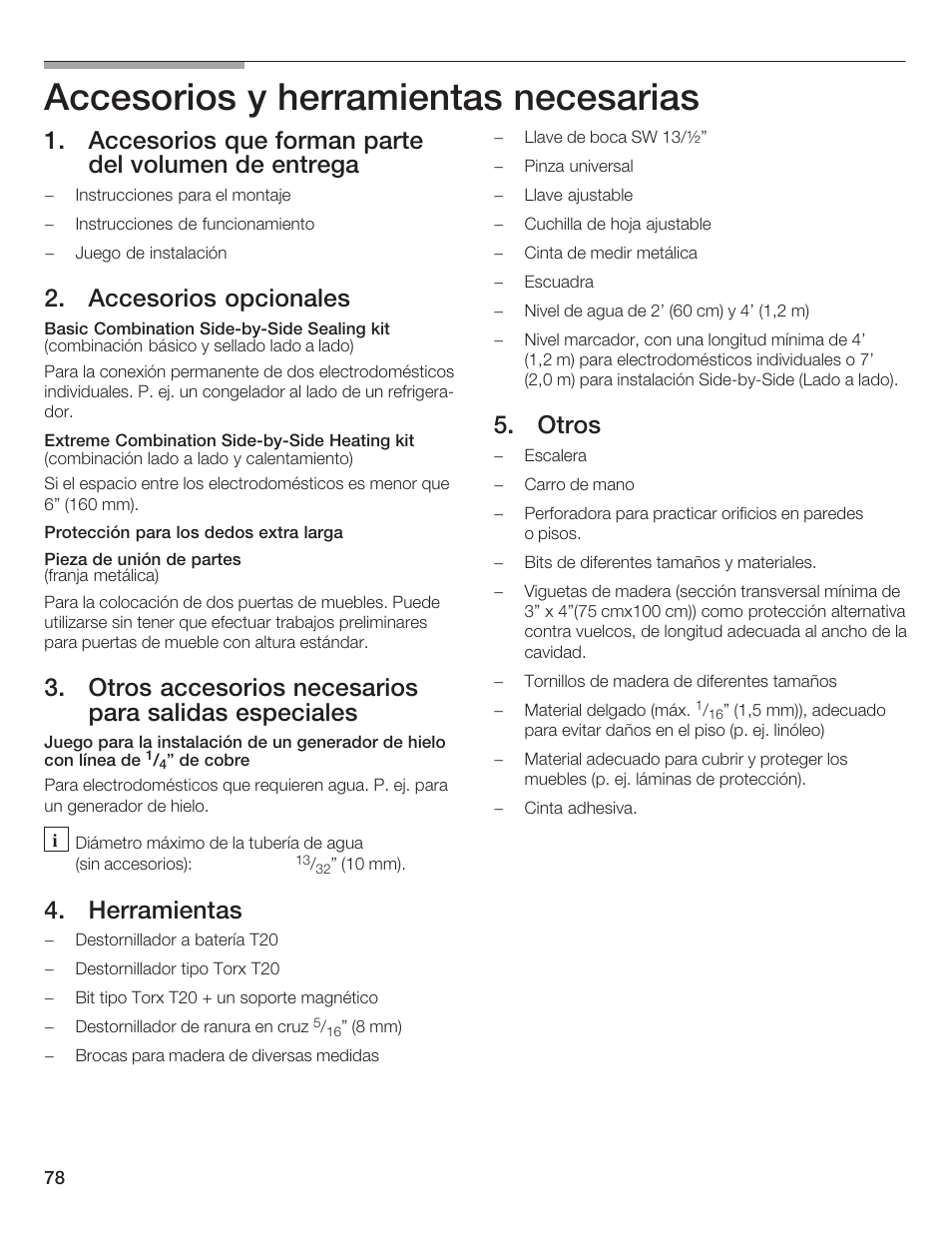 Accesorios y herramientas necesarias, Accesorios que forman parte del volumen de entrega, Accesorios opcionales 12 | Herramientas, Otros | Thermador T36IB70NSP User Manual | Page 78 / 104