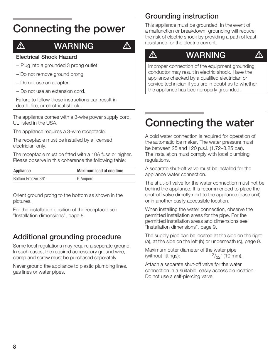 Connecting the power, Connecting the water, Warning | Additional grounding procedure, Grounding instruction | Thermador T36IB70NSP User Manual | Page 8 / 104