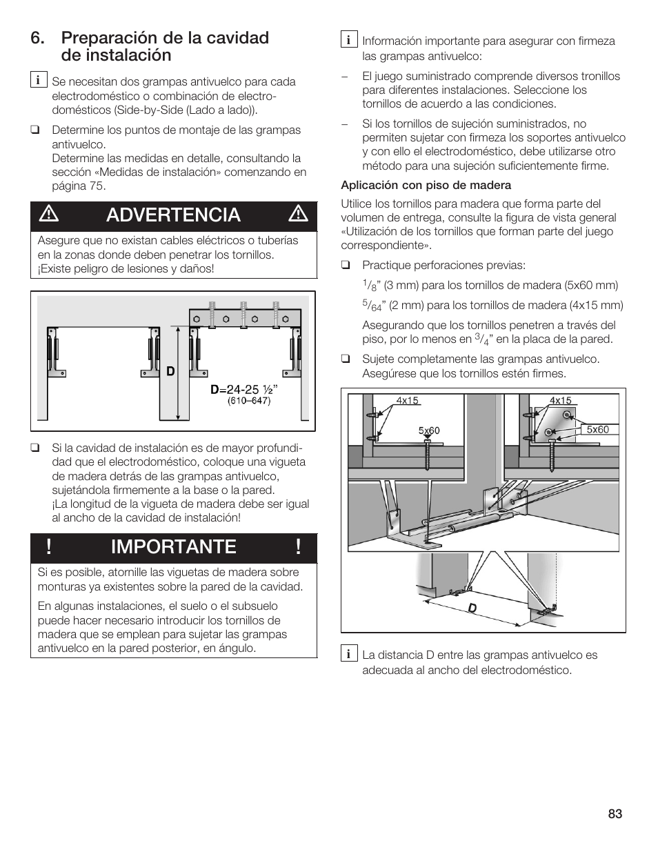 Advertencia, Importante, Preparación de la cavidad de instalación | Thermador T36IB70NSP User Manual | Page 83 / 104