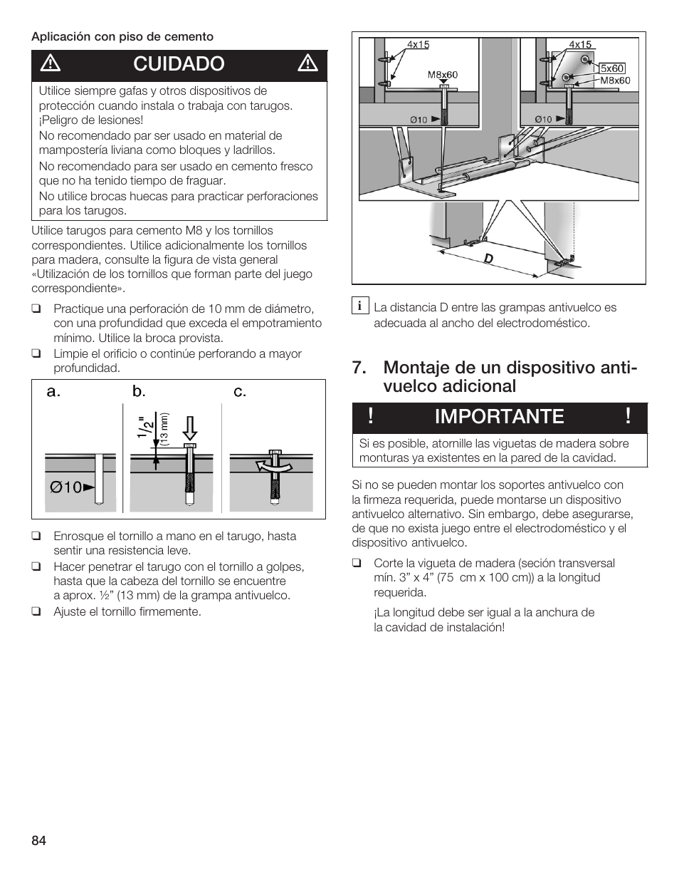 Cuidado, Importante, Montaje de un dispositivo antić vuelco adicional | Thermador T36IB70NSP User Manual | Page 84 / 104