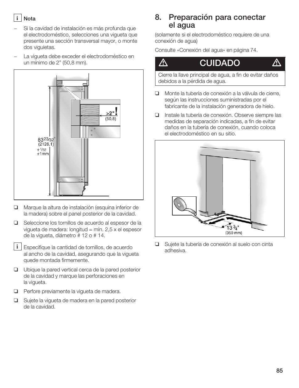 Cuidado, Preparación para conectar el agua | Thermador T36IB70NSP User Manual | Page 85 / 104