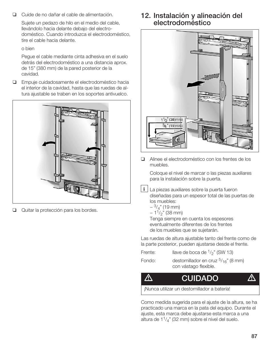 Cuidado, Instalación y alineación del electrodoméstico | Thermador T36IB70NSP User Manual | Page 87 / 104