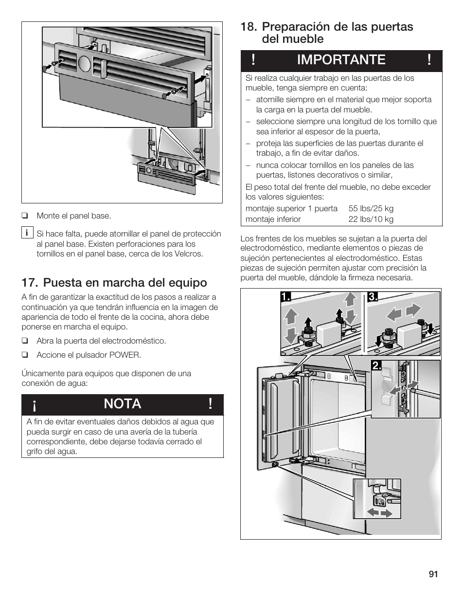 Nota, Importante, Puesta en marcha del equipo | Preparación de las puertas del mueble | Thermador T36IB70NSP User Manual | Page 91 / 104