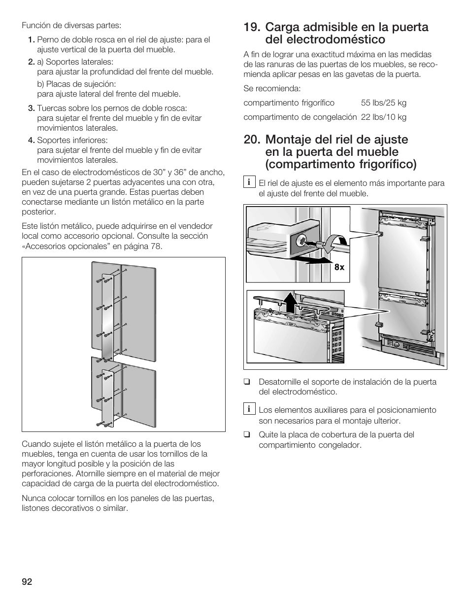 Carga admisible en la puerta del electrodoméstico | Thermador T36IB70NSP User Manual | Page 92 / 104