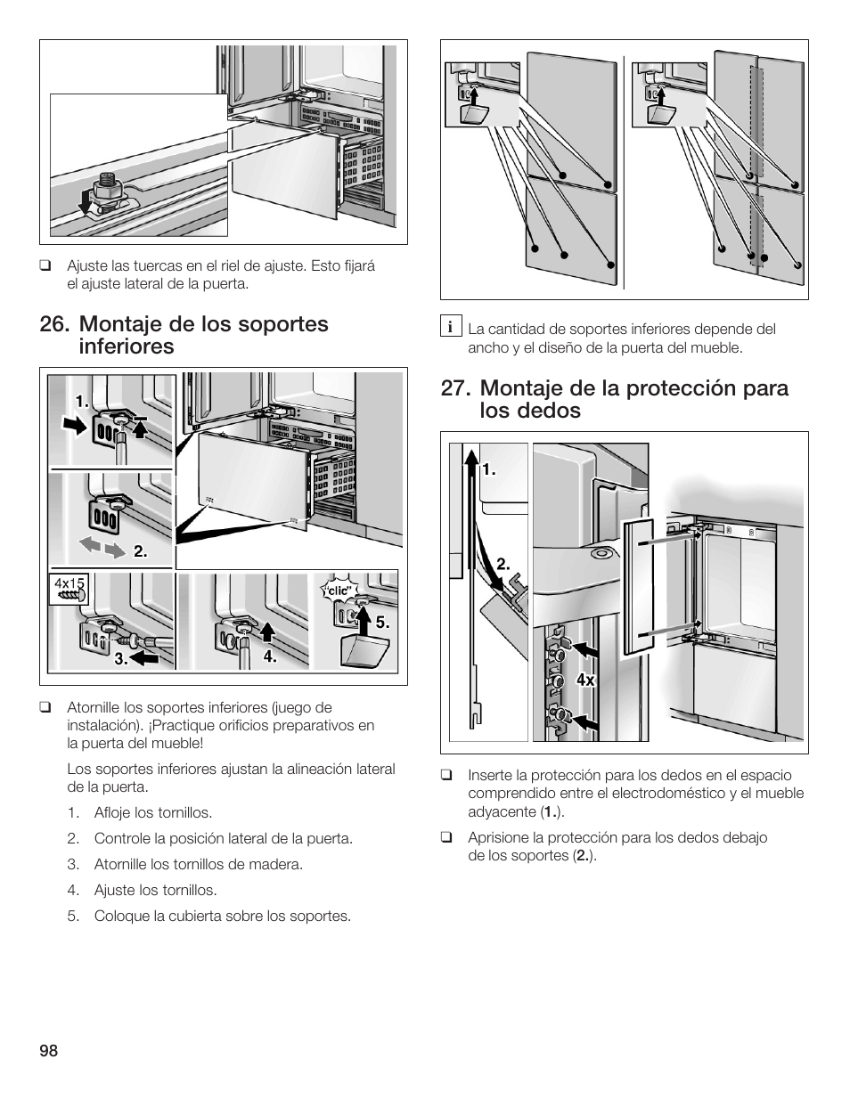 Montaje de los soportes inferiores, Montaje de la protección para los dedos | Thermador T36IB70NSP User Manual | Page 98 / 104