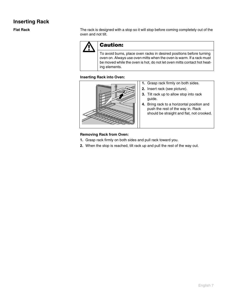 Inserting rack, Flat rack, Grasp rack firmly on both sides | Insert rack (see picture), Tilt rack up to allow stop into rack guide | Thermador POD 302 User Manual | Page 11 / 48