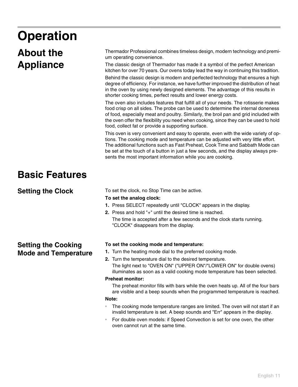 Operation, About the appliance, Basic features | Setting the clock, Setting the cooking mode and temperature | Thermador POD 302 User Manual | Page 15 / 48