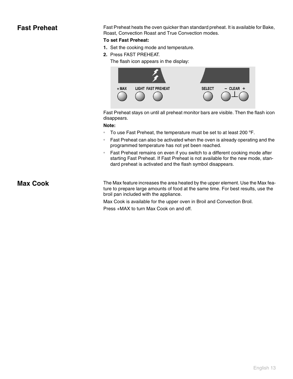 Fast preheat, Set the cooking mode and temperature, Press fast preheat | Max cook, Fast preheat max cook | Thermador POD 302 User Manual | Page 17 / 48