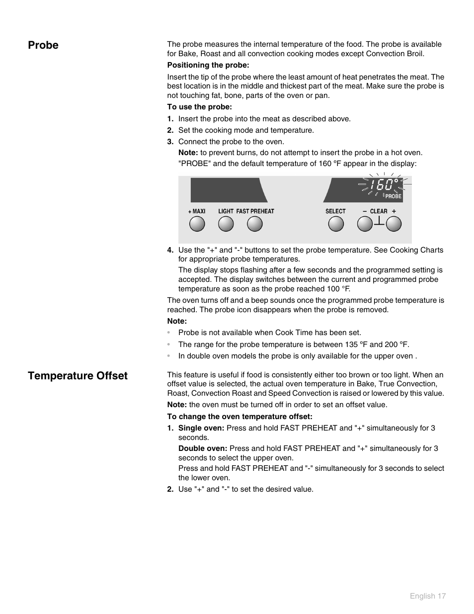 Probe, Temperature offset, Use "+" and "-" to set the desired value | Probe temperature offset | Thermador POD 302 User Manual | Page 21 / 48