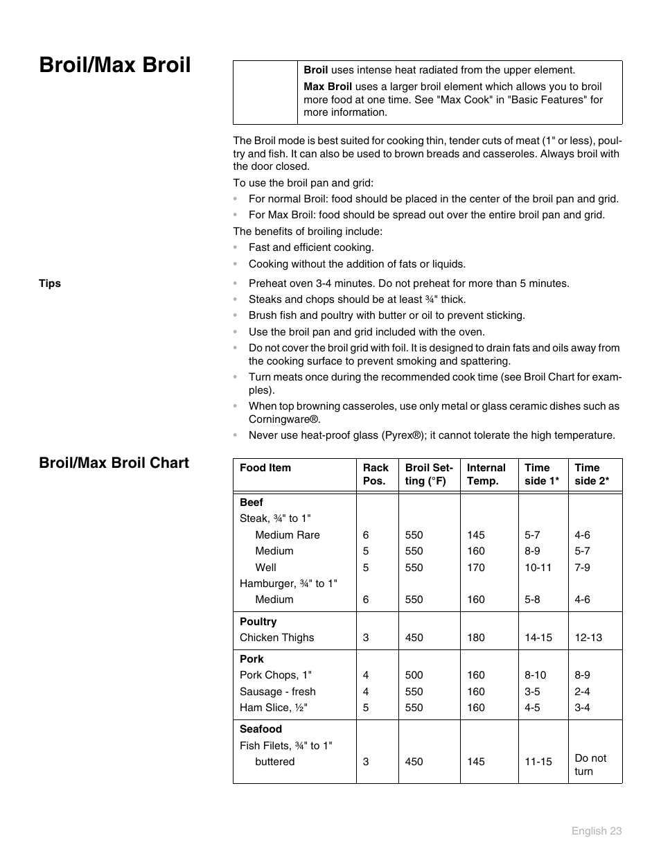 Broil/max broil, Tips, Broil/max broil chart | Thermador POD 302 User Manual | Page 27 / 48