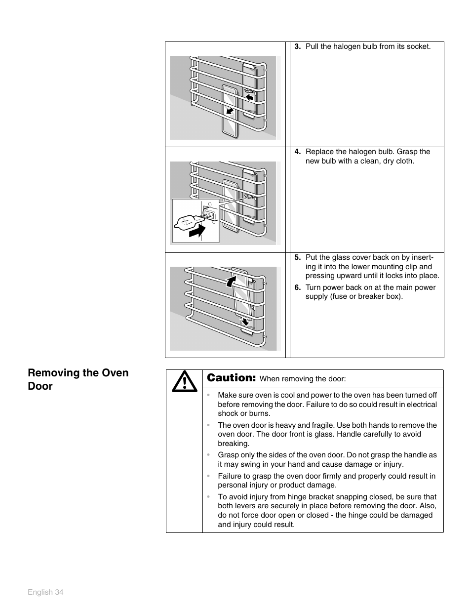 Removing the oven door, Caution | Thermador POD 302 User Manual | Page 38 / 48
