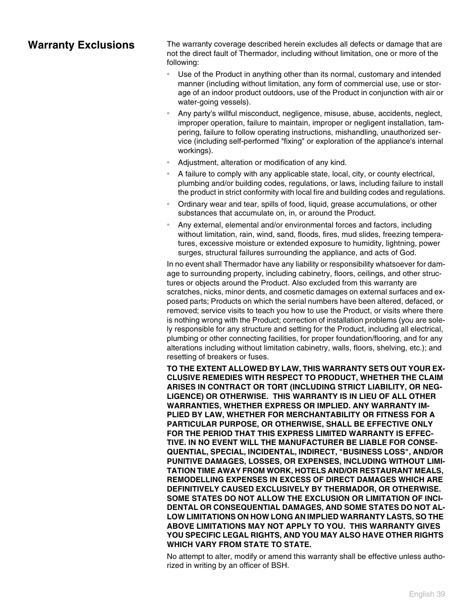 Warranty exclusions | Thermador POD 302 User Manual | Page 43 / 48