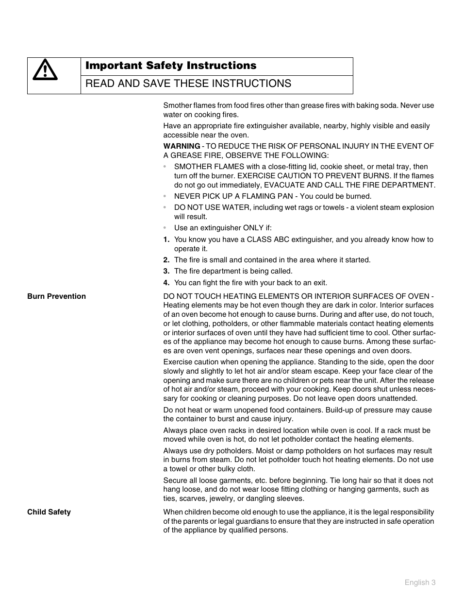 The fire department is being called, You can fight the fire with your back to an exit, Burn prevention | Child safety | Thermador POD 302 User Manual | Page 7 / 48
