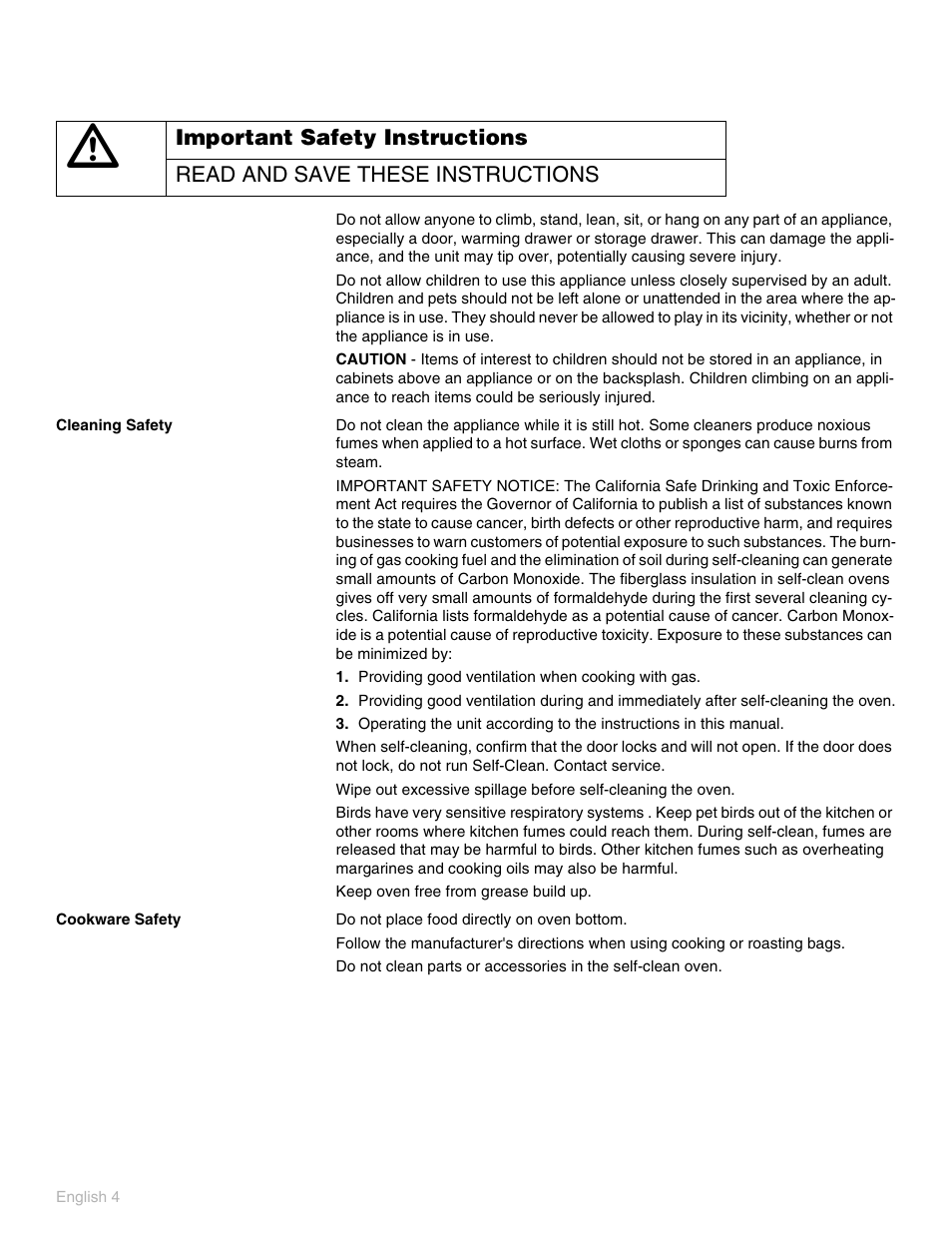 Cleaning safety, Providing good ventilation when cooking with gas, Cookware safety | Thermador POD 302 User Manual | Page 8 / 48