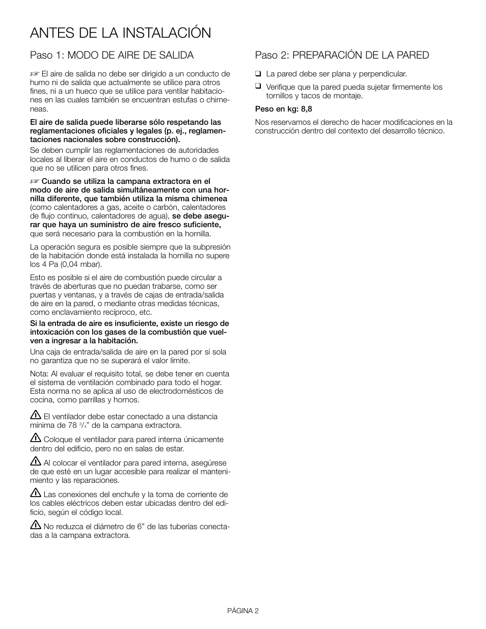 Antes de la instalación, Paso 1: modo de aire de salida, Paso 2: preparación de la pared | Thermador VTI610D User Manual | Page 12 / 16