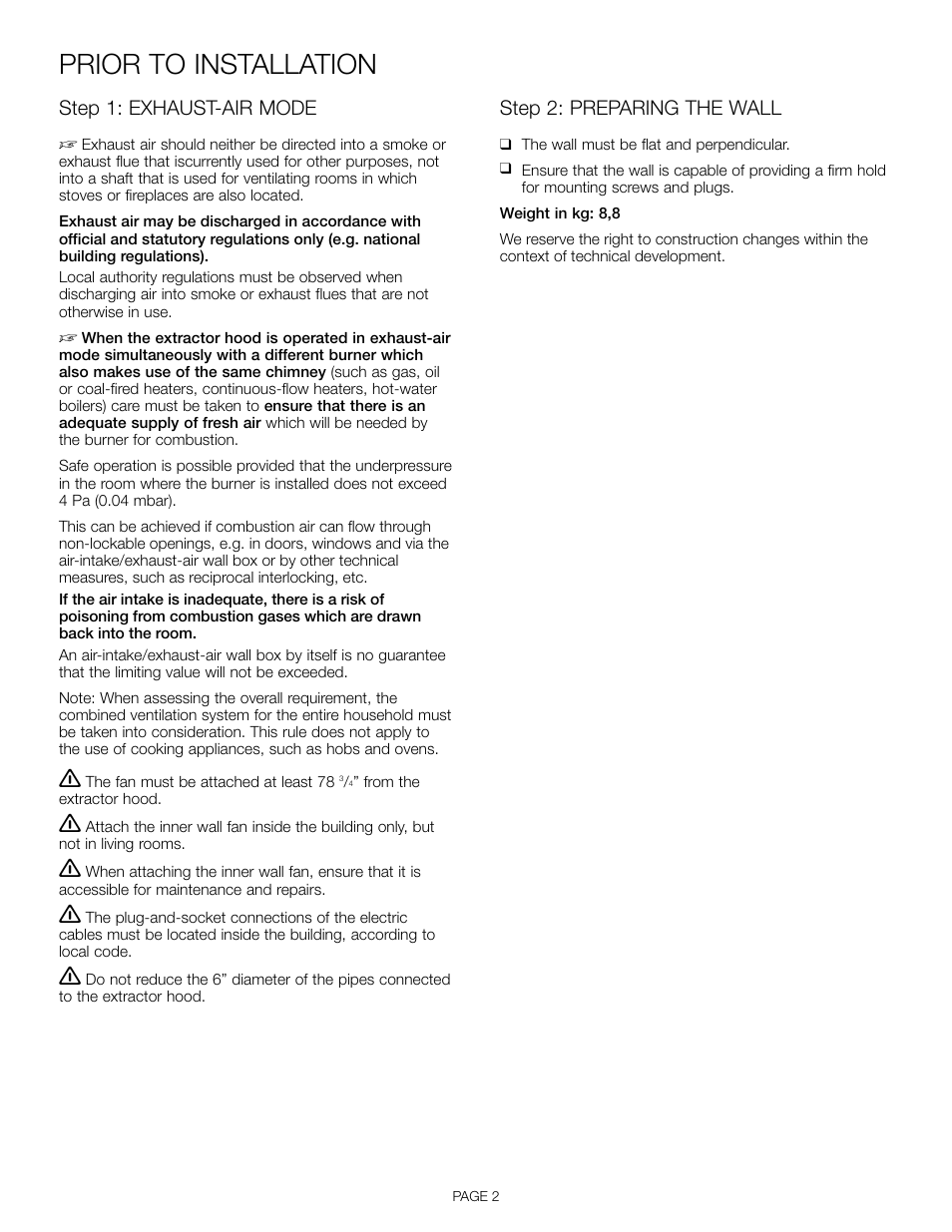 Prior to installation, Step 1: exhaust-air mode, Step 2: preparing the wall | Thermador VTI610D User Manual | Page 4 / 16