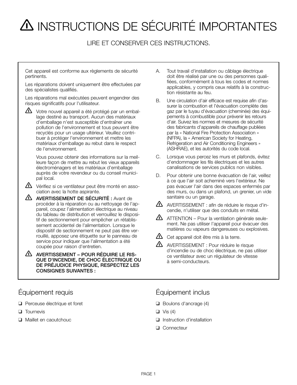 Instructions de sécurité importantes, Équipement requis, Équipement inclus | Lire et conserver ces instructions | Thermador VTI610D User Manual | Page 7 / 16