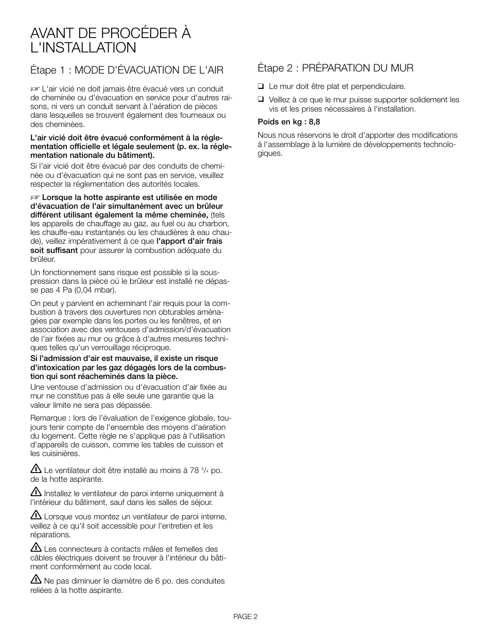 Avant de procéder à l'installation, Étape 1 : mode d'évacuation de l'air, Étape 2 : préparation du mur | Thermador VTI610D User Manual | Page 8 / 16